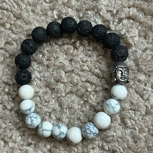Women’s vintage black/white marble beaded buddha bracelet one‎ size stretches
